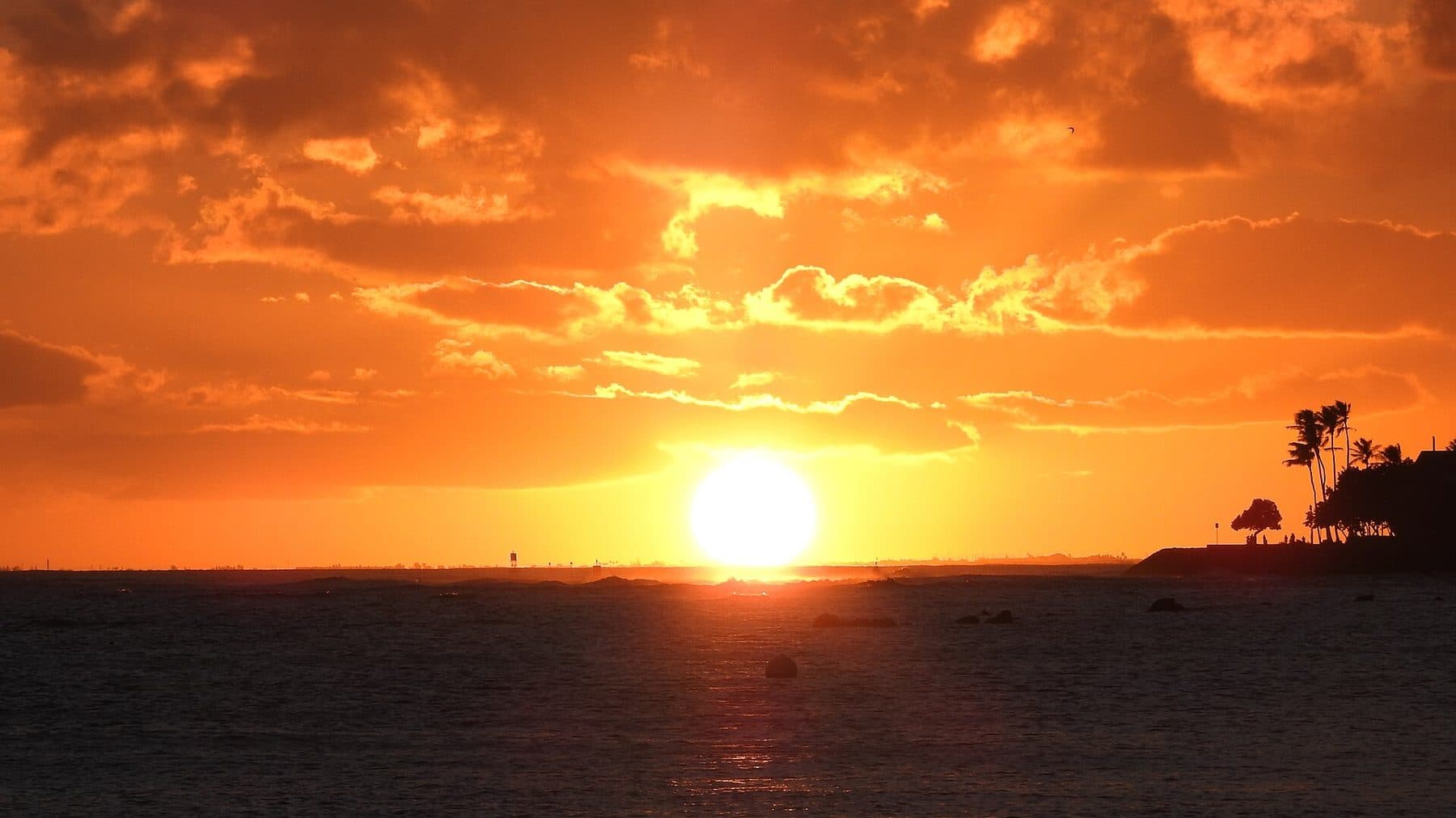 Sunset over the ocean from Ala Moana Beach Park in Honolulu