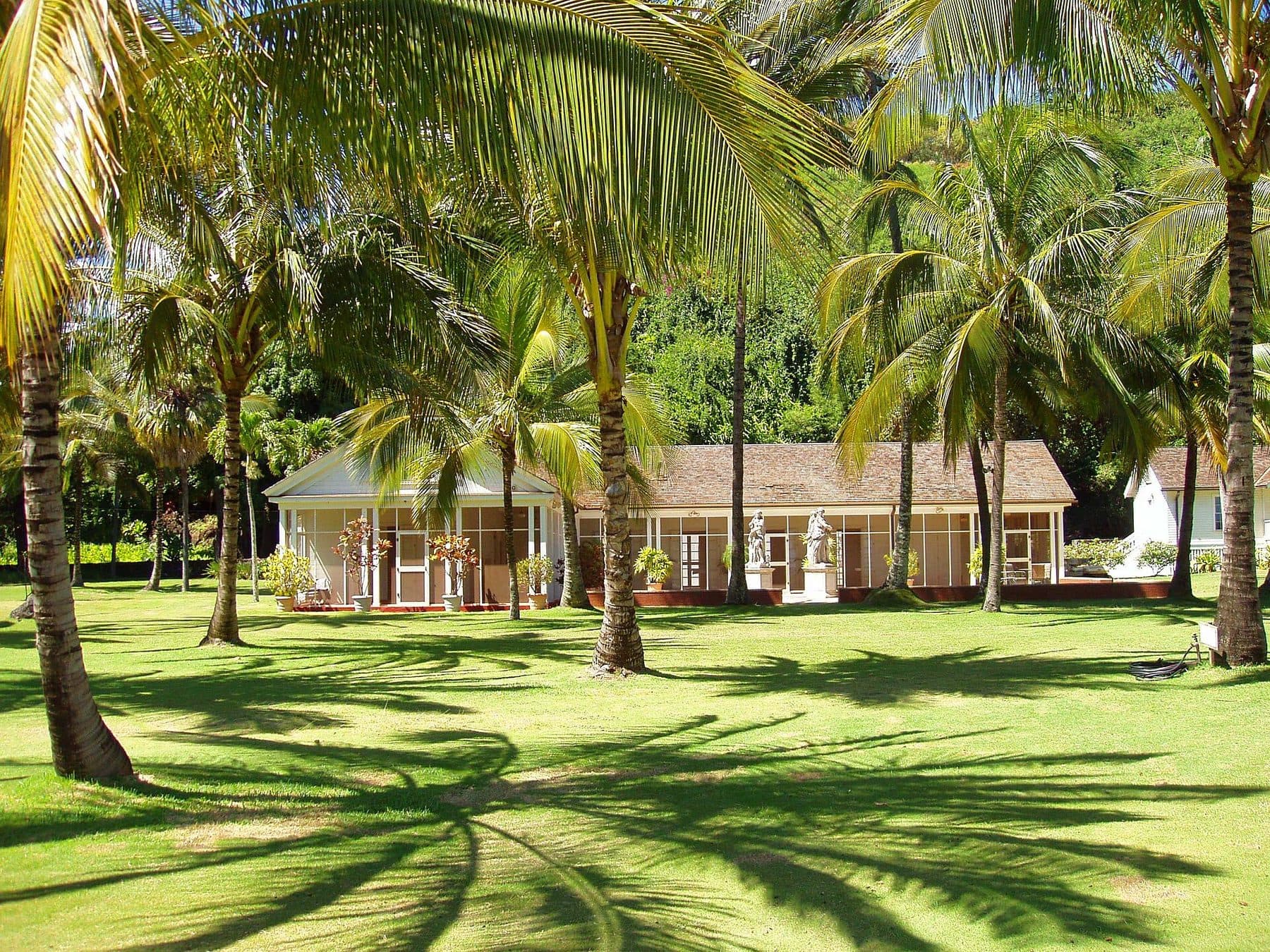 The Allerton house on a lawn shaded by palms in Allerton Garden