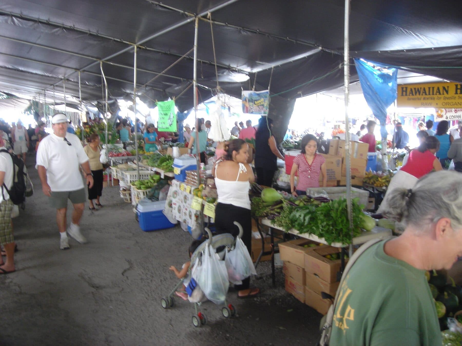 Shoppers browsing produce stalls under the tents at the Hilo Farmers Market