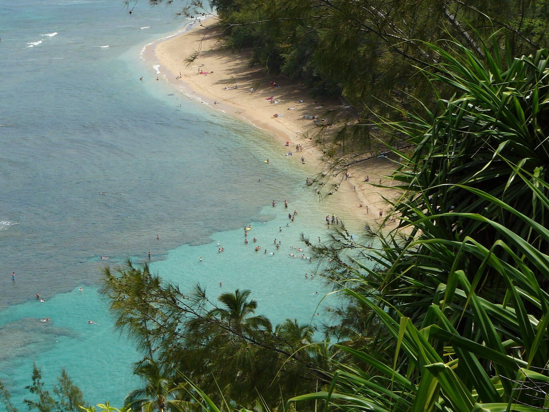 Looking back at Kēʻē Beach and the reef from the first stretch of the Kalalau Trail