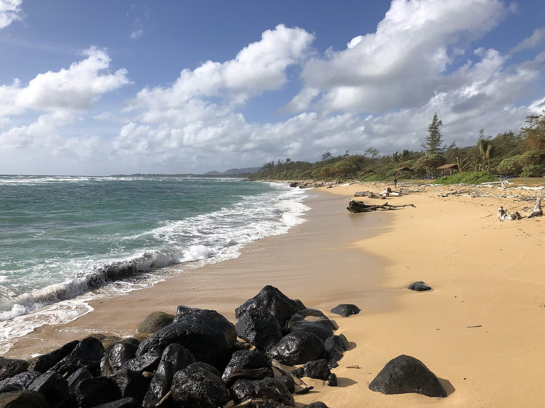 Golden sand and lava rock at Lydgate Beach Park in Wailua