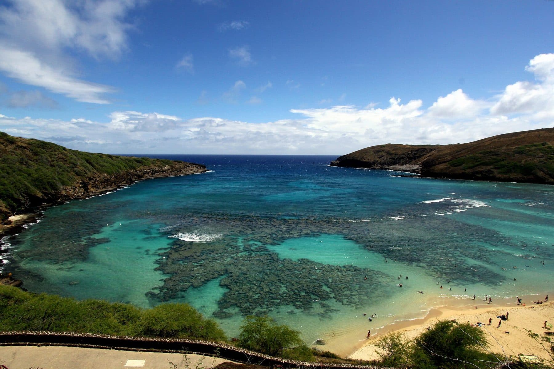 Snorkeling reef flats of Hanauma Bay seen from the overlook