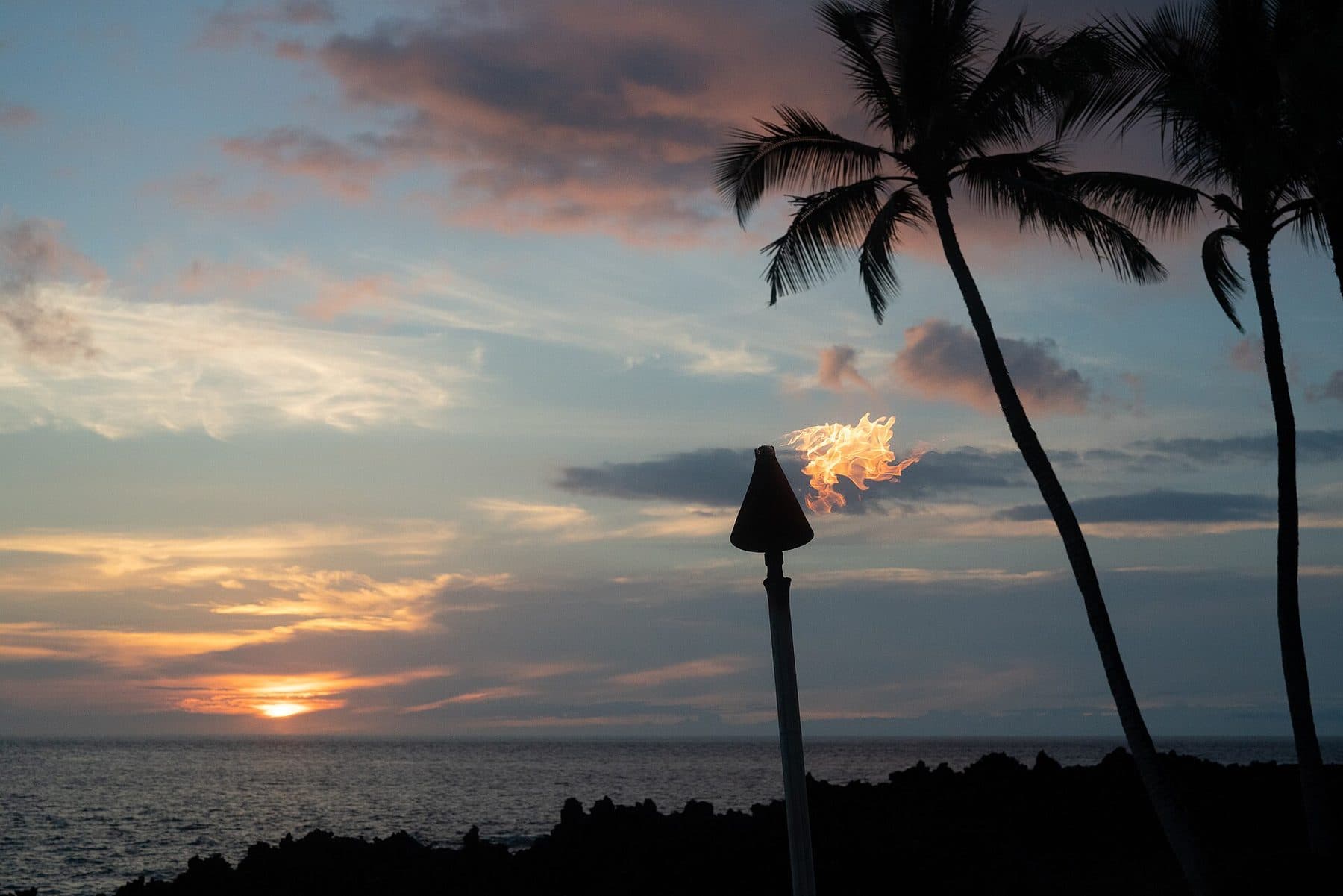 A tiki torch and coconut palms silhouetted against the sunset at Waikōloa on the Kohala Coast