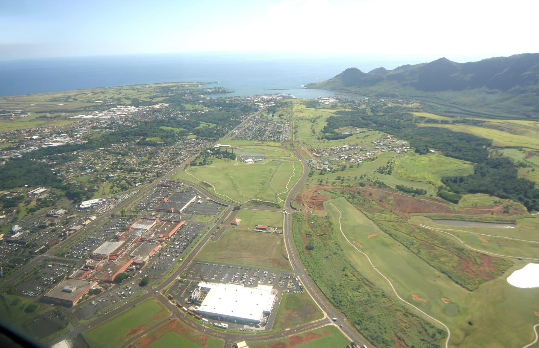 Aerial view of Līhuʻe and the coast toward Nāwiliwili